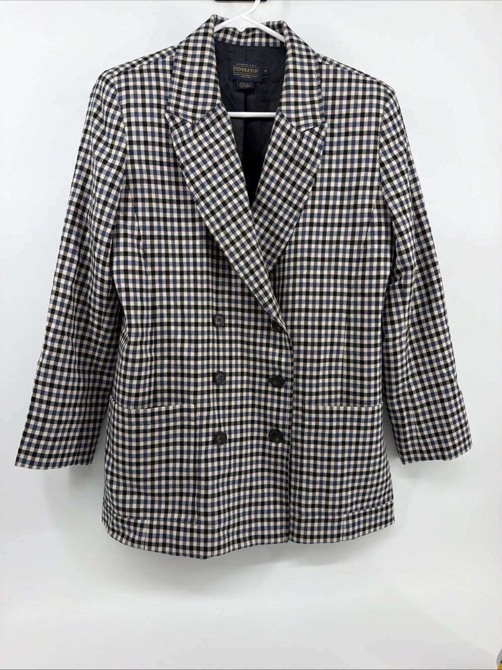 Vtg Pendleton Blazer Womens Sz 8 Plaid 100% Virgin Wool Blue Black Dbl Breasted